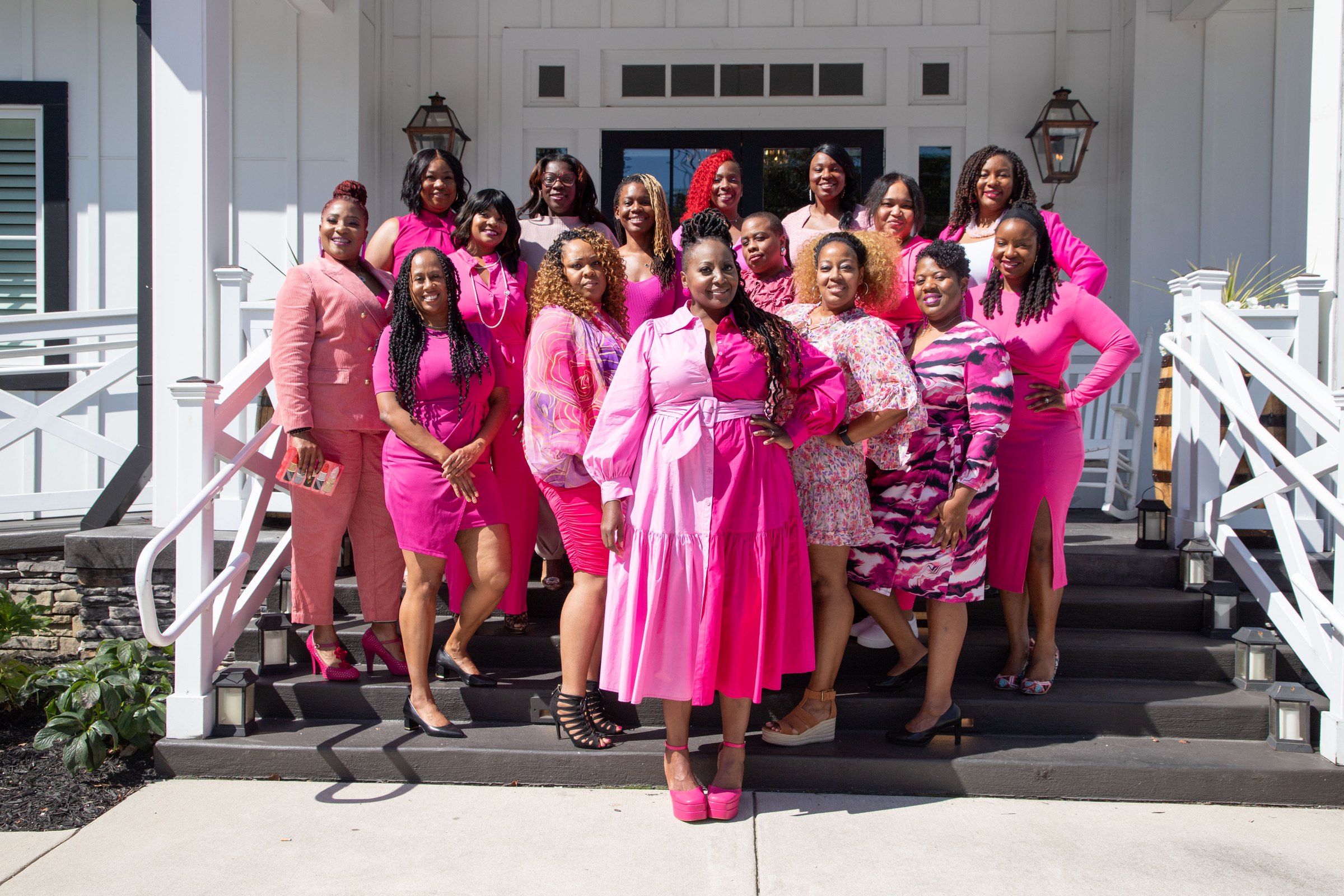 The women of the Shades of Pink Brunch, all in pink